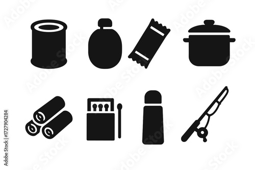 Expedition Supply Icons. Solid, filled icon set of expedition food and supplies: canned food, water flask, energy bar, cooking pot, firewood, matches, thermos,