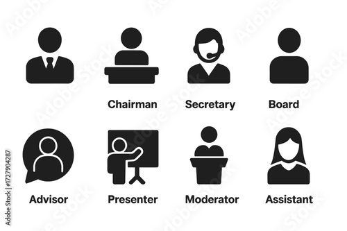 Boardroom Roles Icons. Solid, filled icon set of boardroom roles: CEO, chairman, secretary, board member, advisor, presenter, moderator, assistant. Solid,