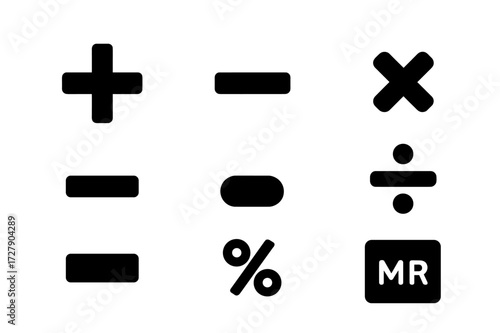Black Calculator Icons. Solid, filled icon set of calculator buttons: plus sign, minus sign, multiplication, division, equals, clear button, percentage, memory