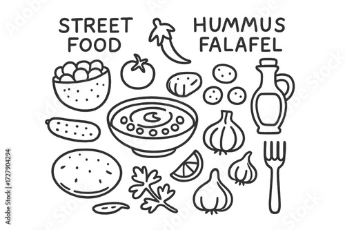 Street Food Doodle. Hand-drawn doodle illustration Street food hummus falafel, pita bread, bowl, hummus, chickpeas, olive oil bottle, tomato, cucumber, onion,