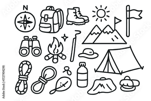 Adventure Doodle Icons. Hand-drawn doodle illustration adventure genre map, compass, backpack, boots, walking stick, mountain, flag, binoculars, campfire,