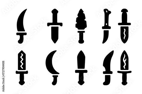 Ritual Knives Icons. Solid, filled icon set of ritual knives: curved dagger, ceremonial blade, obsidian knife, bone-handled knife, engraved short sword,