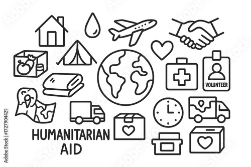Humanitarian Aid Icons. Hand-drawn doodle illustration Humanitarian aid globe, house, tent, water drop, food box, medical cross, blanket, truck, airplane,
