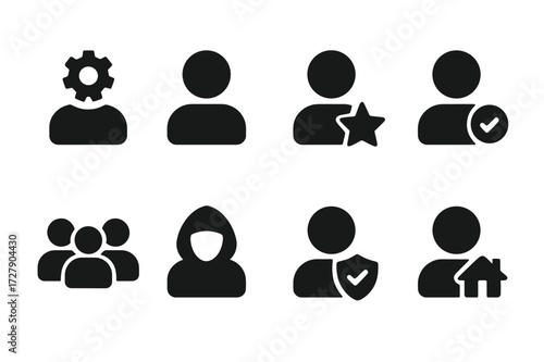 Account Type Icons. Solid, filled icon set of account types: admin account, guest account, premium account, trial account, family account, anonymous user,