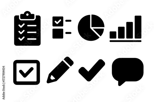 Survey Feedback Icons. Solid, filled icon set of survey feedback: clipboard, questionnaire, pie chart, bar graph, checkbox, pencil, checkmark, speech bubble.