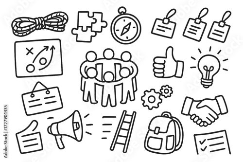Team Building Elements. Hand-drawn doodle illustration team building activities rope, puzzle, compass, name tags, strategy board, group circle, thumbs up,