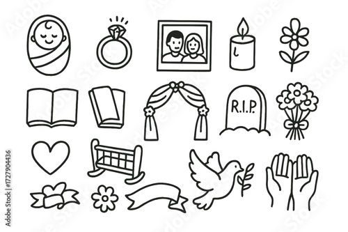 Life Cycle Symbols. Hand-drawn doodle illustration cultural life cycle events baby, ring, photo frame, candle, book, wedding arch, cradle, tombstone, bouquet,