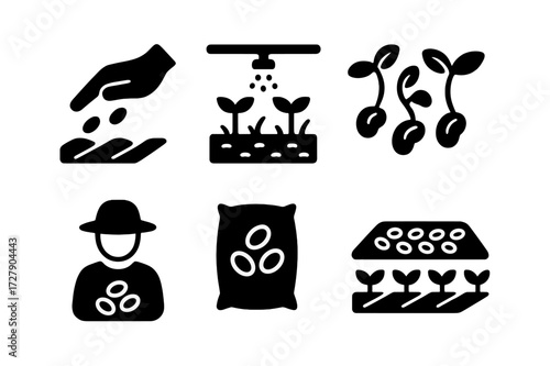 Mung Bean Icon Set. Solid, filled icon set of mung bean farming: seed sowing, irrigation system, sprouting mung beans, harvesting basket, farmer with mung