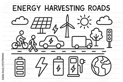 Sustainable Energy Roadway. Hand-drawn doodle illustration Energy harvesting roads [road, solar panel, wind turbine, car, truck, bicycle, pedestrian, energy