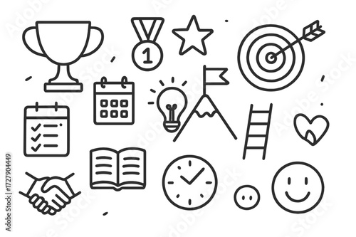 Achievement Doodle Icons. Hand-drawn doodle illustration personal achievements and goals trophy, medal, star, target, arrow, light bulb, calendar, checklist,