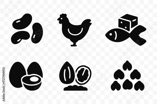 Protein Source Icons. Solid, filled icon set of protein sources: white beans, chicken, fish, tofu, eggs, nuts, lentils, chickpeas. [Line icons in only black