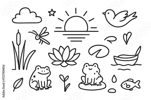 Sunset Nature Doodles. Hand-drawn doodle illustration Sunset tranquility sun, water ripple, lotus flower, lily pad, reeds, dragonfly, frog, bird, cloud, star,