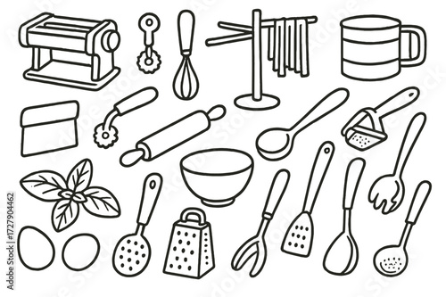 Pasta Utensils Doodle. Hand-drawn doodle illustration [utensils for pasta making] [pasta roller, ravioli cutter, pasta drying rack, flour sifter, dough knife,