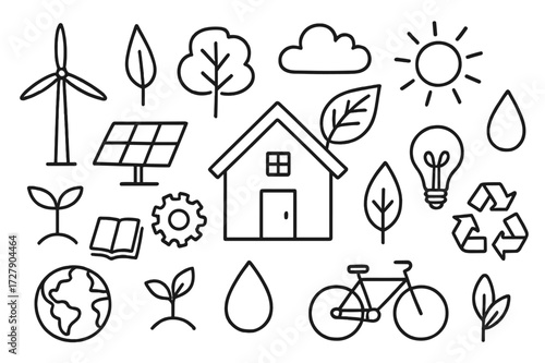 Eco-Friendly Architecture Doodle. Hand-drawn doodle illustration Eco-friendly architecture eco house, solar panel, wind turbine, leaf, tree, cloud, sun, water