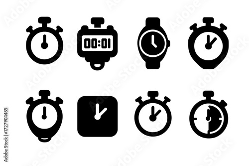 Stopwatch Icon Set. Solid, filled icon set of stopwatch types: analog stopwatch, digital stopwatch, wrist stopwatch, handheld stopwatch, sports stopwatch,