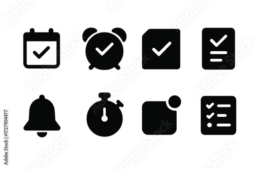 Reminder Icon Set. Solid, filled icon set of reminder notice: calendar with check, alarm clock, sticky note, checklist, bell icon, timer, push notification,
