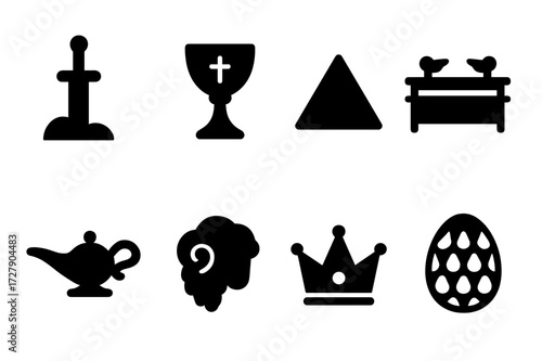 Legendary Artifacts Icons. Solid, filled icon set of legendary artifacts: Excalibur, Holy Grail, philosopher?s stone, Ark of the Covenant, magic lamp, golden