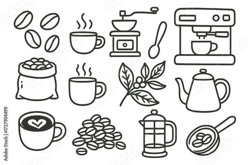 Coffee Essentials Doodle. Hand-drawn doodle illustration Coffee Beans, coffee cup, coffee grinder, espresso machine, sack of beans, steaming mug, spoon, coffee