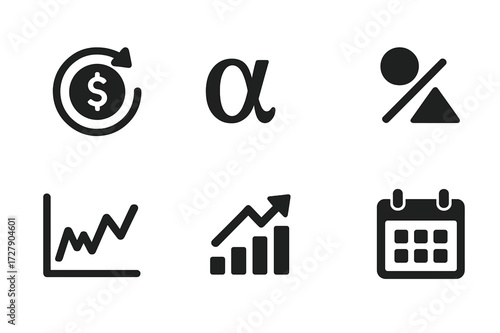 Performance Metrics Icons. Solid, filled icon set of performance metrics: ROI, alpha, beta, Sharpe ratio, volatility, benchmark, growth chart, calendar. Solid,
