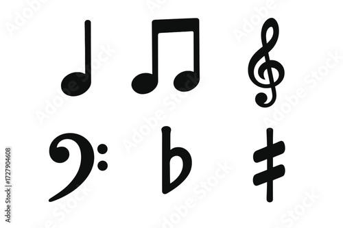Music Note Icons. Solid, filled icon set of music notes and symbols: quarter note, eighth note, sixteenth note, treble clef, bass clef, flat, sharp, rest.