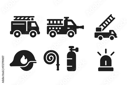 Firefighting Icon Set. Solid, filled icon set of fire fighting vehicles and equipment: fire truck, fire engine, water cannon, rescue ladder, firefighter