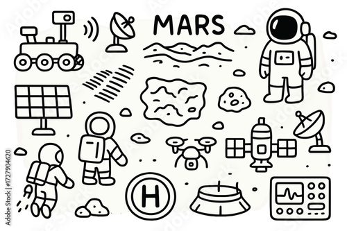 Mars Exploration Doodles. Hand-drawn doodle illustration Mars exploration [Mars rover, antenna, camera, Martian surface, astronaut, space station, solar panel,