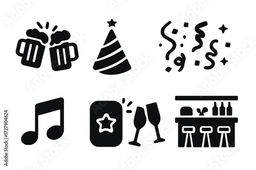 Party Icons Grid. Solid, filled icon set of pint party and events: clinking pint glasses, party hat, confetti, dance floor, music note, neon light, celebration