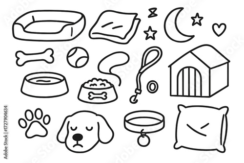 Dog's Nighttime Essentials. Hand-drawn doodle illustration dogs nighttime routine dog bed, blanket, chew bone, toy ball, water bowl, food dish, leash, collar,