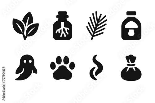 Forest Healer Icons. Solid, filled icon set of forest healer: leaf bundle, root vial, pine needle, mushroom tonic, forest spirit, animal pawprint, healing