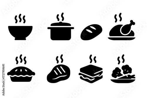 Warming Foods Icons. Solid, filled icon set of warming foods: soup bowl, stew pot, bread loaf, roasted chicken, baked pie, grilled steak, hot sandwich,