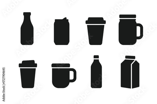 Drink Container Icons. Solid, filled icon set of drink containers: glass bottle, soda can, paper cup, mason jar, travel tumbler, mug with lid, reusable bottle,
