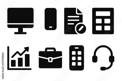 Broker Tools Icons. Solid, filled icon set of broker tools: computer, phone, contract, calculator, charts, briefcase, mobile app, headset. [Solid, filled icons