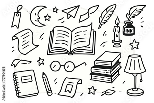 Fantasy Reading Icons. Hand-drawn doodle illustration Reading fantasy Open book, flying pages, quill, ink bottle, feather, paper airplane, bookmark, candle,