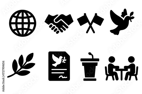Diplomatic Icon Set. Solid, filled icon set of diplomatic compromise: globe, handshake, flags, peace dove, olive branch, treaty document, podium, negotiation