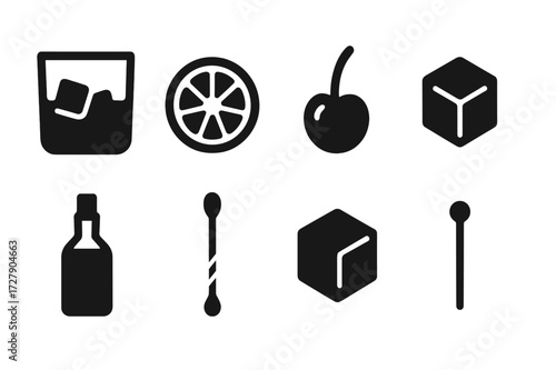 Cocktail Components Icons. Solid, filled icon set of old fashioned cocktail components: whiskey glass, orange slice, cherry, sugar cube, bitters bottle,
