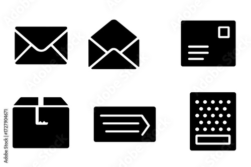 Mail Icon Set. Solid, filled icon set of mail items: sealed envelope, open envelope, postcard, letter with stamp, parcel box, express mail label, bubble