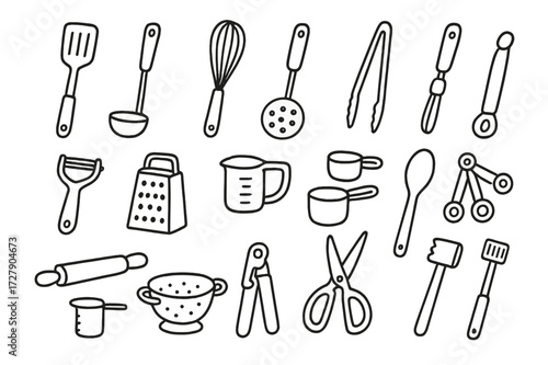 Doodle Kitchen Utensils. Hand-drawn doodle illustration [cooking utensils] [spatula, ladle, whisk, slotted spoon, tongs, peeler, grater, measuring cups,