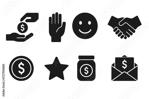 Tip Etiquette Icons. Solid, filled icon set of tip jar etiquette: tipping hand, thank you gesture, polite smile, handshake, tip amount, appreciation sign,