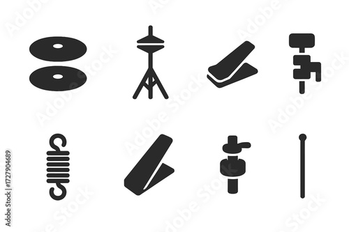 Hi-Hat Icon Set. Solid, filled icon set of hi-hat components: hi-hat cymbals, hi-hat stand, pedal, clutch, tension spring, footboard, cymbal clutch, hi-hat
