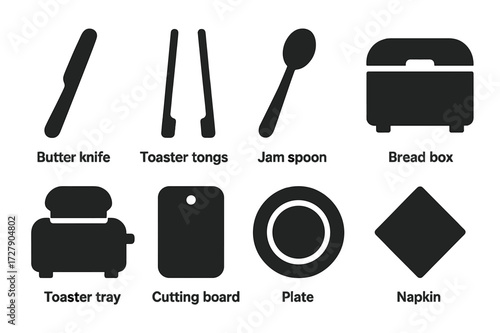 Toast Tool Icons. Solid, filled icon set of toast-related kitchen tools: butter knife, toaster tongs, jam spoon, bread box, toaster tray, cutting board, plate,