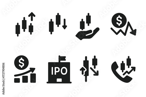 Stock Market Icons. Solid, filled icon set of stock market actions: buy, sell, hold, short sell, dividend payout, IPO, split, margin call. Solid, filled icons