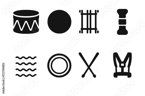 Military Drum Icons. Solid, filled icon set of military drum parts: drum shell, drumhead, tension ropes, lugs, snares, hoops, drumsticks, carrying harness.