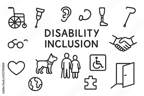 Inclusive Doodle Icons. Hand-drawn doodle illustration disability inclusion wheelchair, crutch, hearing aid, prosthetic leg, cane, glasses, ramp, guide dog,