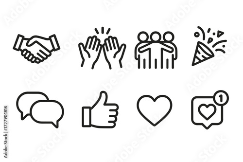 Icons of Social Joy. Outline icon set of excitement and social interaction: handshake, high five, group hug, party popper, speech bubbles, thumbs up, heart