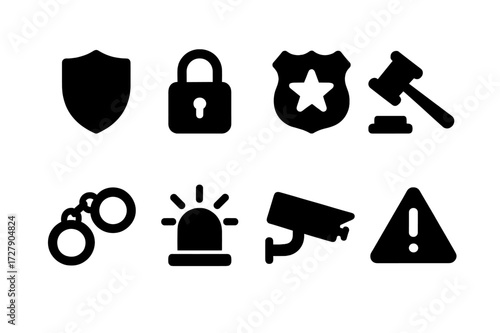 Policy Enforcement Icons. Solid, filled icon set of policy enforcement: shield, lock, police badge, gavel, handcuffs, alarm, security camera, warning triangle.