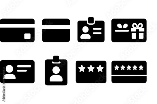 Card Icon Set. Solid, filled icon set of card types: credit card, debit card, ID card, membership card, gift card, business card, access card, loyalty card.