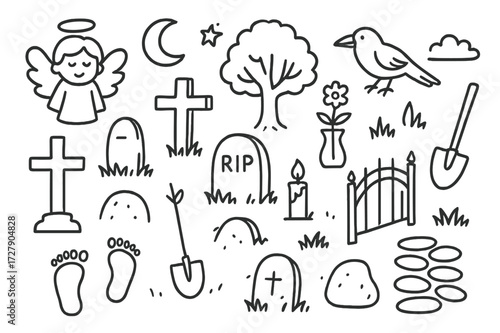 Cemetery Doodle Icons. Hand-drawn doodle illustration cemetery and gravestones tombstone, cross, flower, tree, crow, candle, grass, star, moon, shovel, gate,