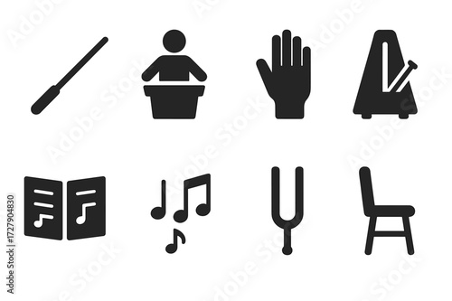 Conductor Tools Icons. Solid, filled icon set of conductor tools: baton, conductor podium, hand gesture, metronome, conductor score, tempo markings, tuning