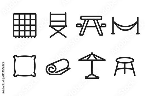 Picnic Icon Set. Outline icon set of picnic seating: blanket, folding chair, picnic table, hammock, cushion, mat, umbrella, stool. Line icons in only black