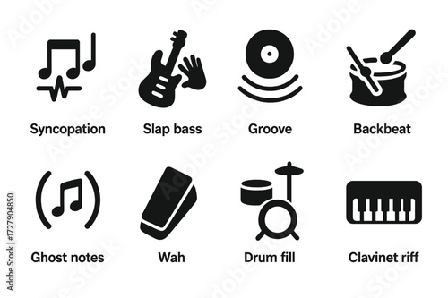 Funk Rhythm Icon Set. Solid, filled icon set of funk rhythm elements: syncopation, slap bass, groove, backbeat, ghost notes, wah pedal, drum fill, clavinet